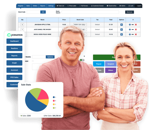 Man and woman smiling infront of a POS software graphic